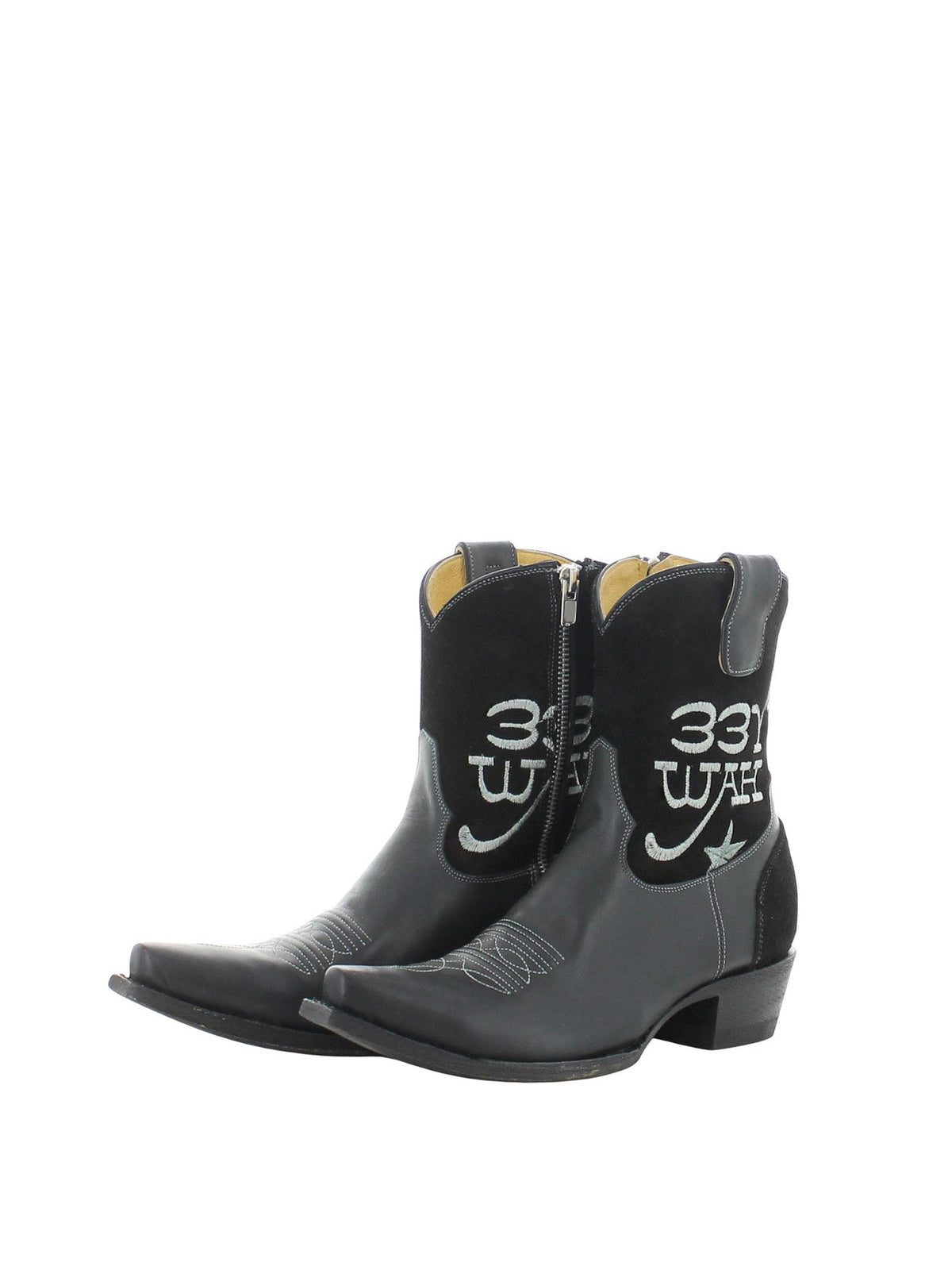 Black Snip-Toe Letters Embroidery Full-Zip Ankle Cowgirl Boots