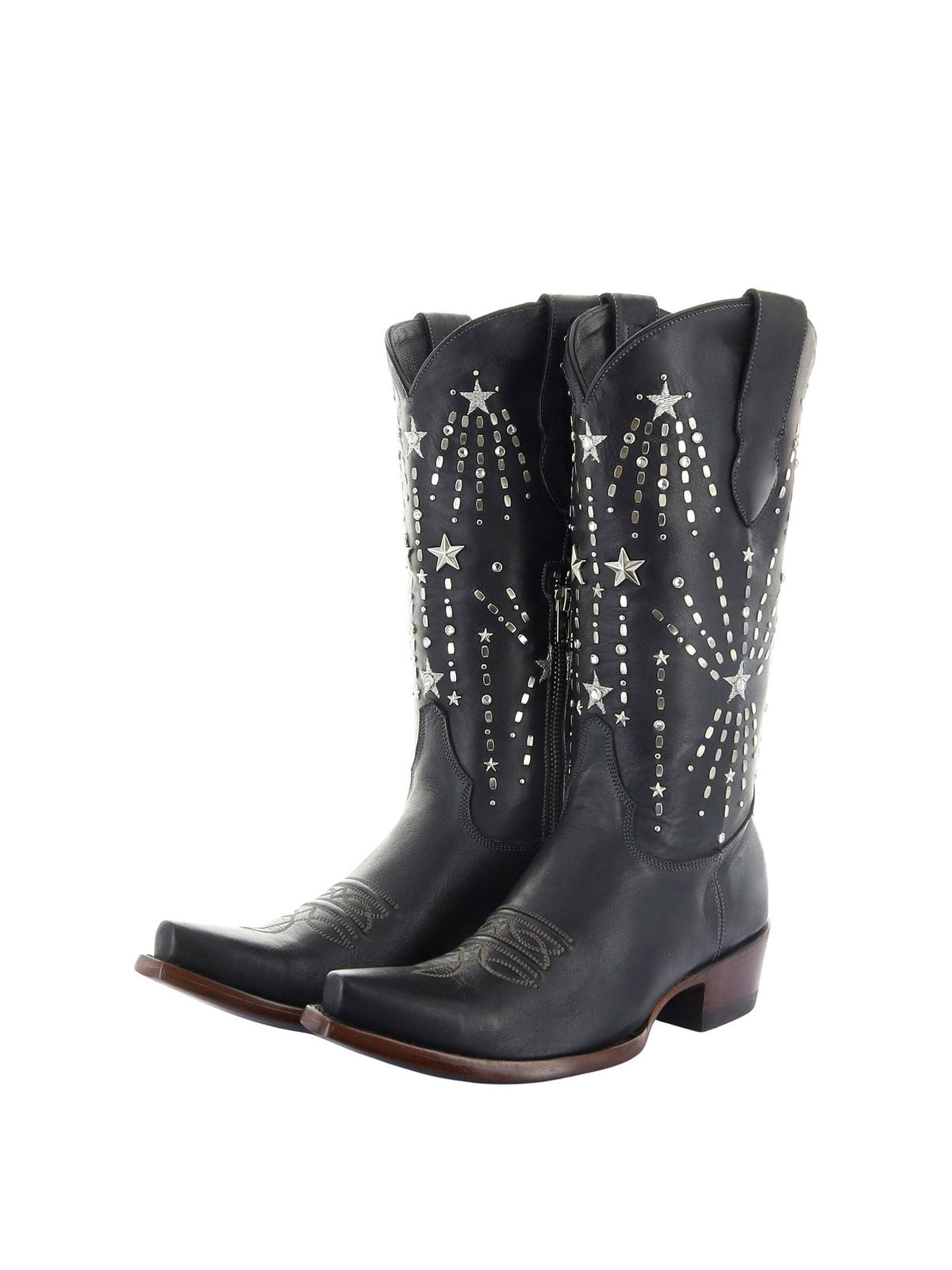Black Snip-Toe Stars Studs And Crystals Half-Zip Mid Calf Cowgirl Boots