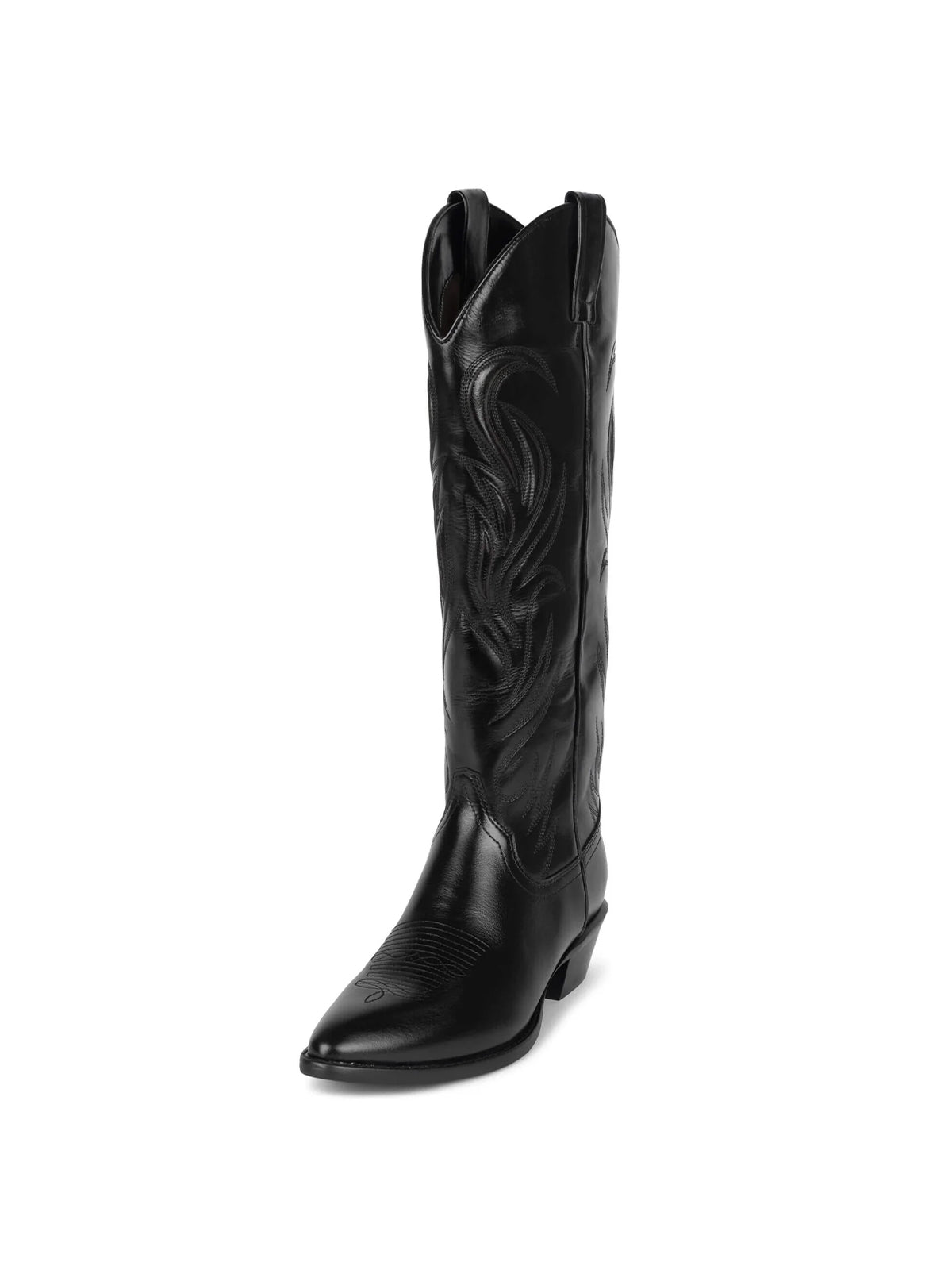 Black Almond-Toe Classic Embroidery Wide Calf Knee High Cowgirl Boots