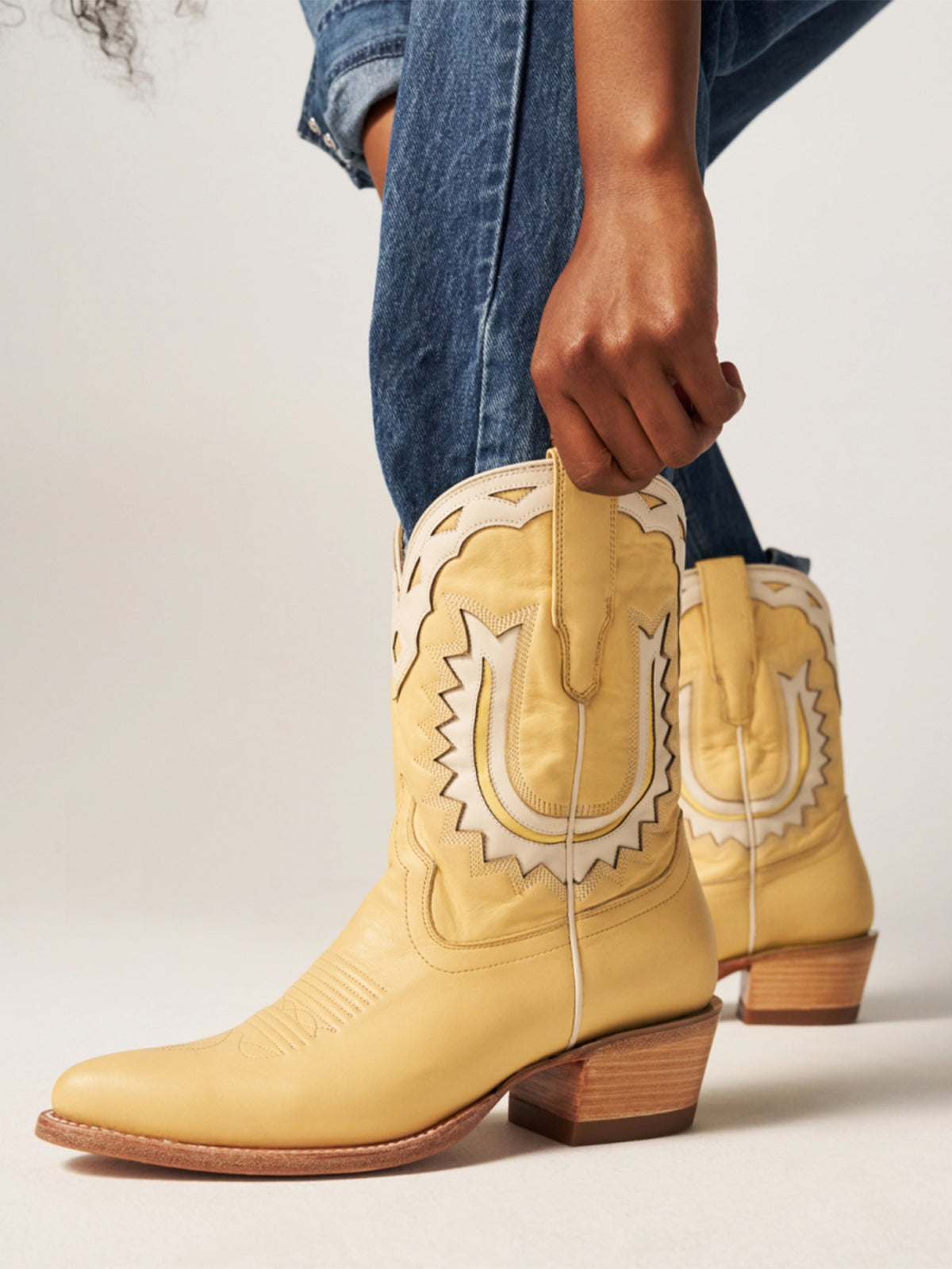 Pale Yellow Almond-Toe Horseshoe Inlay Cowgirl Ankle Boots