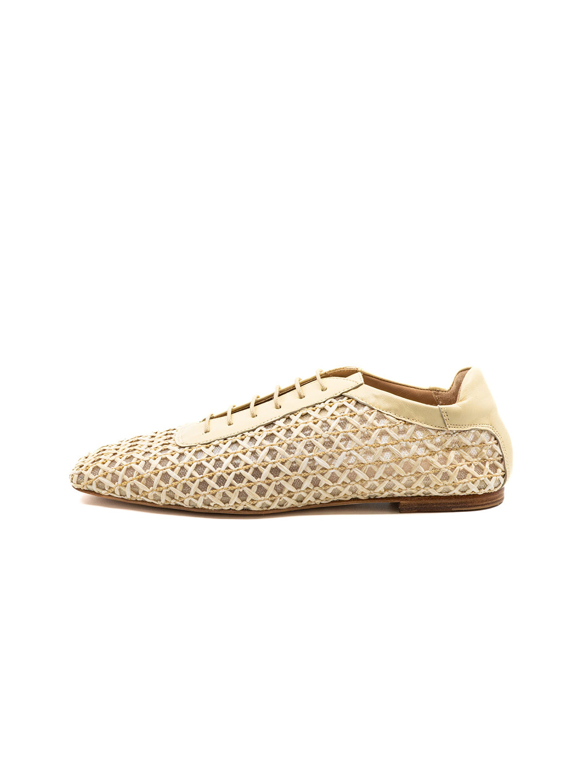 Bone Woven Mesh And Vegan Leather Square-Toe Lace-Up Chic Flats