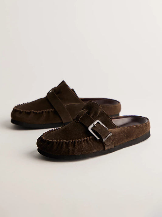 Coffee Faux Suede Round-Toe Buckle Strap Backless Mules Flats