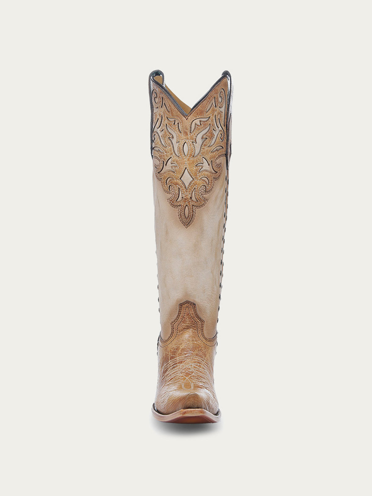 Distressed Honey And Bone Snip-Toe Applique And Side Studs Wide Calf Knee High Cowgirl Boots