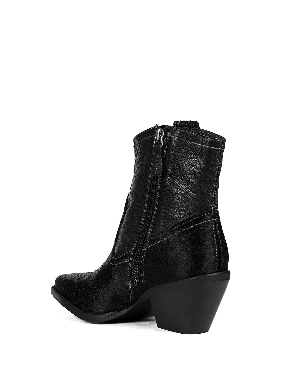 Black Pony Hair Vegan Leather Snip-Toe Full-Zip Ankle Cowgirl Boots