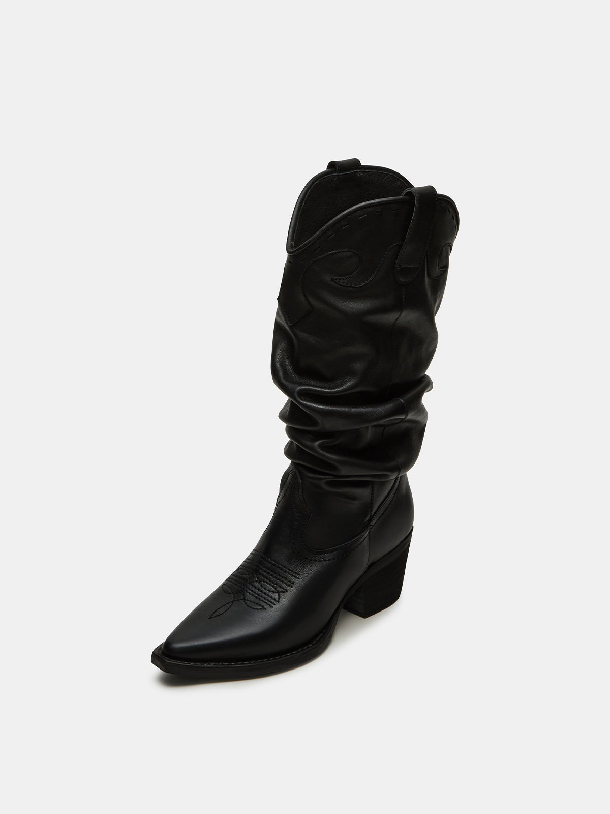 Black Pointed-Toe Scrunched Tall Knee High Wide Calf Cowgirl Boots