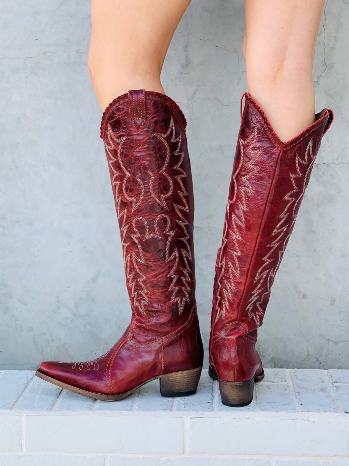 Distressed Snip-Toe Classic Embroidery Half-Zip Knee High Tall Cowgirl Boots - Red