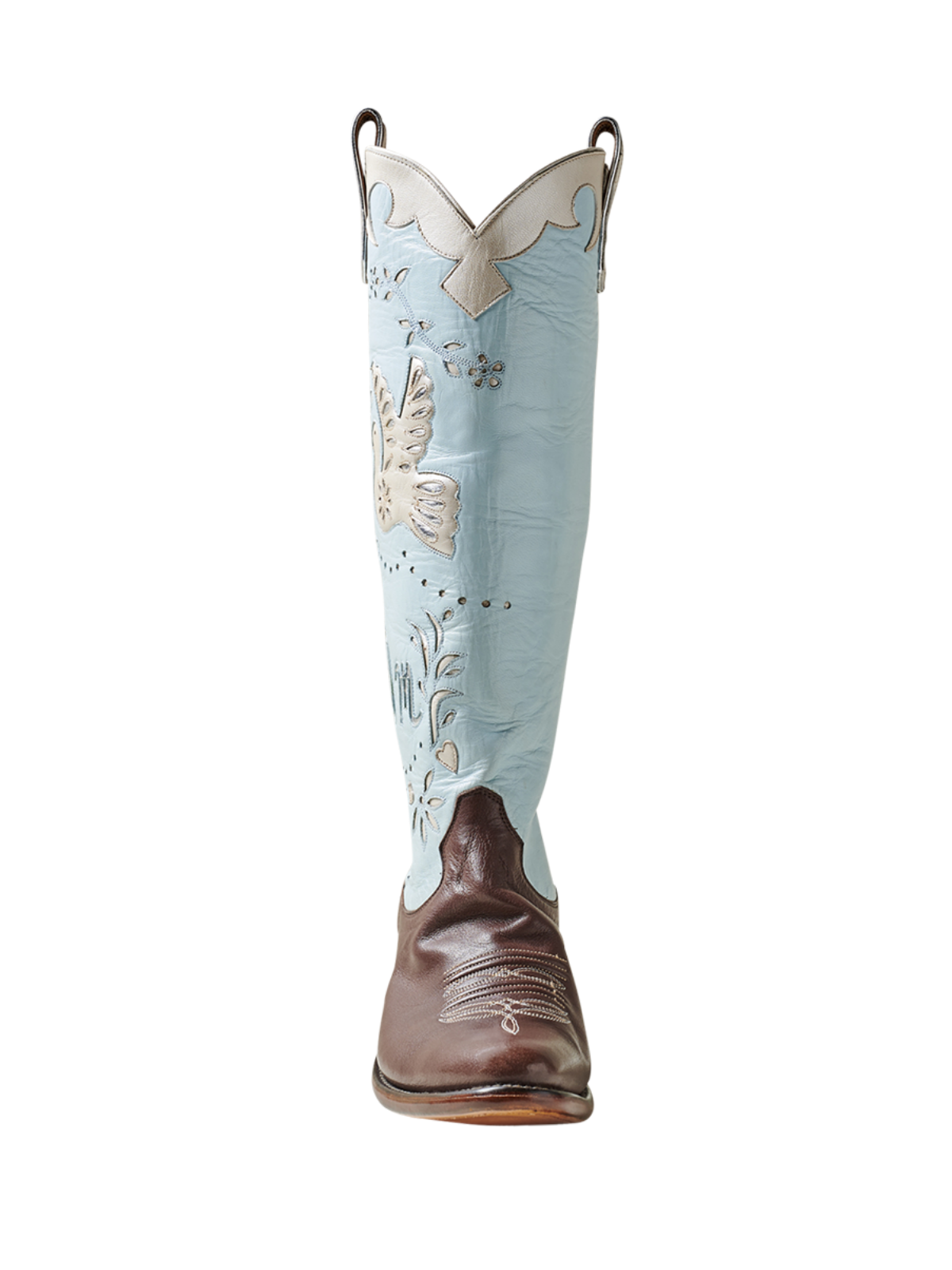 Contrast Tri-Color Round-Toe Peace Dove Inlay And Metallic Applique Wide Mid Calf Cowgirl Boots