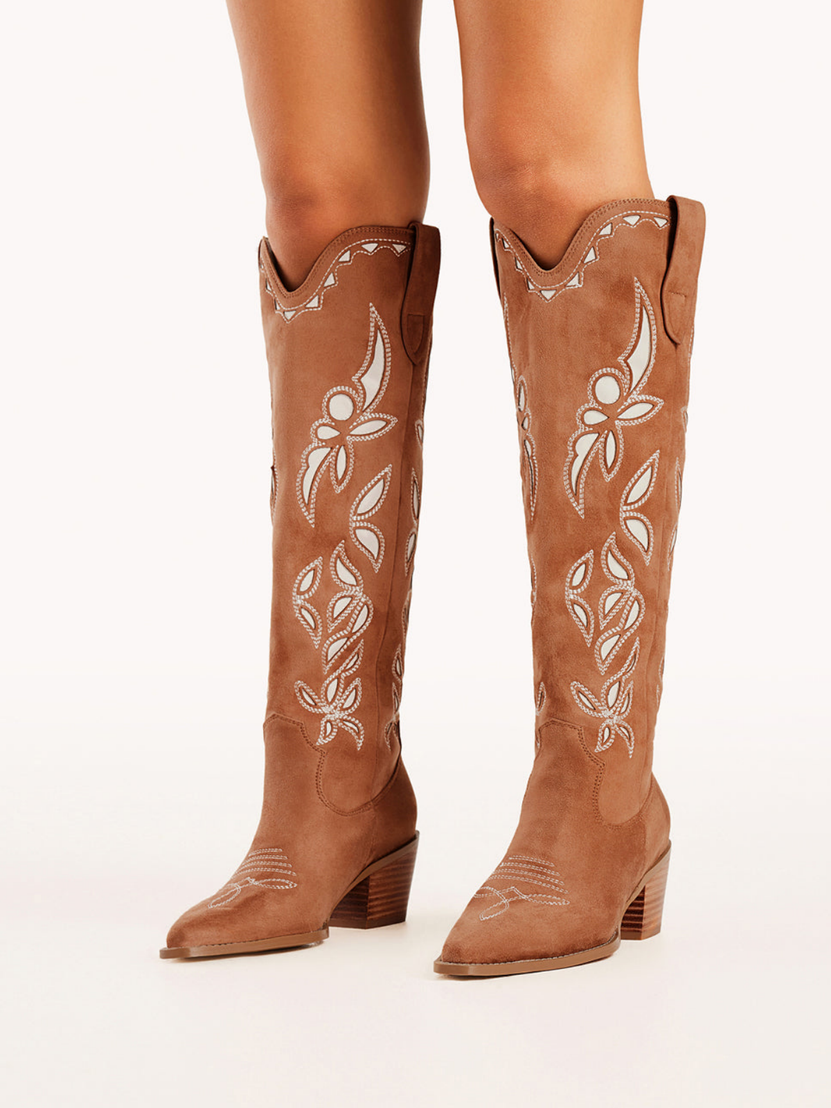 Dark Tan Faux Suede Snip-Toe Embroidery And Inlay Wide Calf Tall Knee High Cowgirl Boots