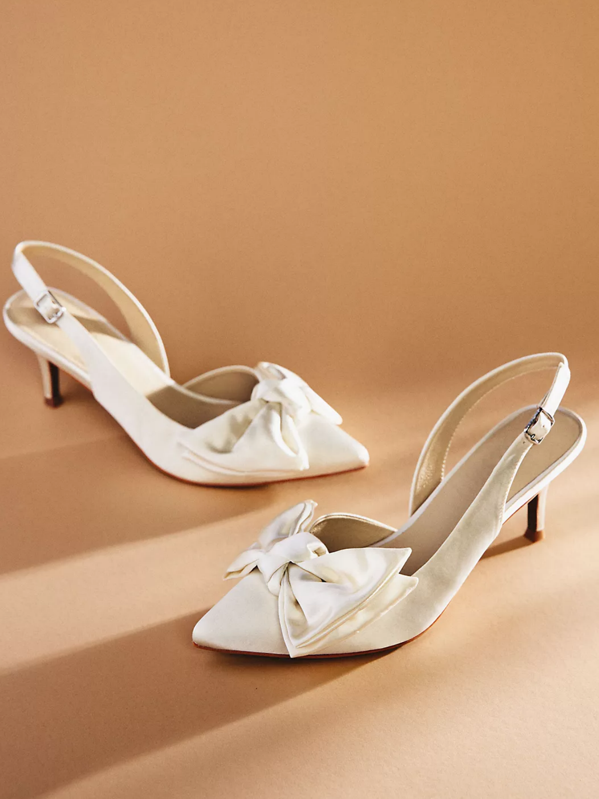 Ivory Satin Pointed-Toe Slingback Bow Pump Kitten Heels