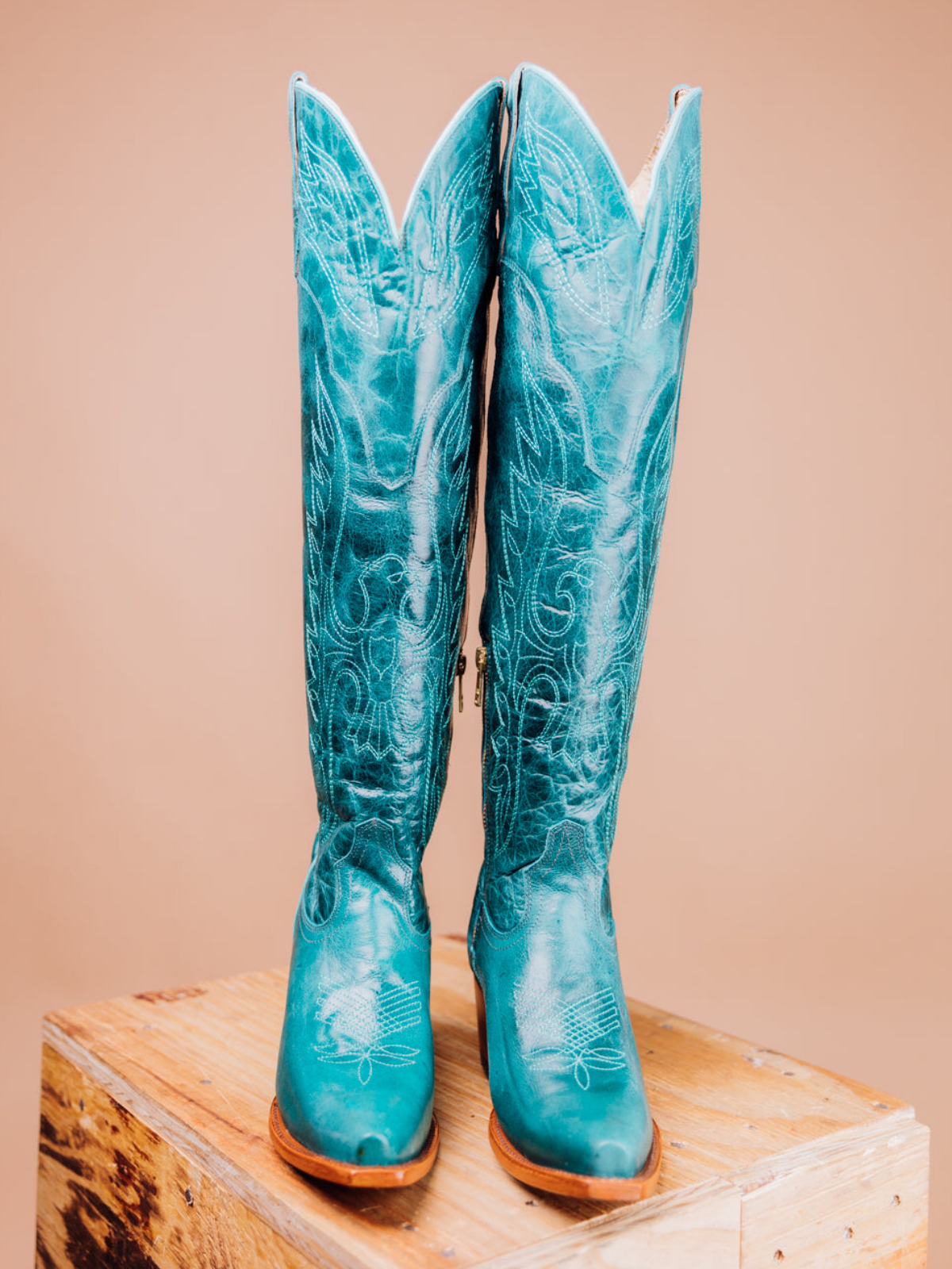 Eagle Embroidery Distressed Snip-Toe Half-Zip Over-The-Knee Tall Cowgirl Boots - Turquoise