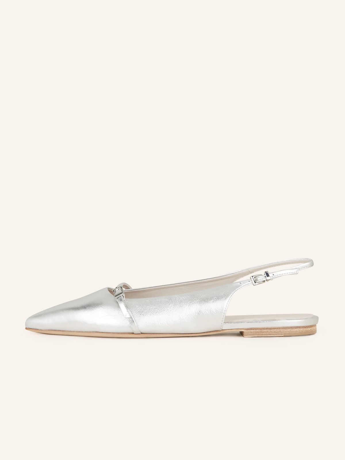 Metallic Silver Pointy Buckled Strappy Slingback Ballerinas Flats