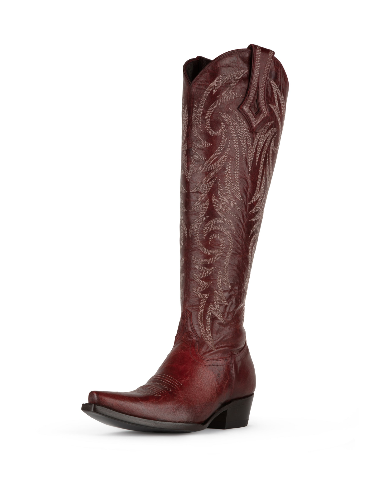 Garnet Red Snip-Toe Embroidery Half-Zip Cowgirl Knee High Tall Boots