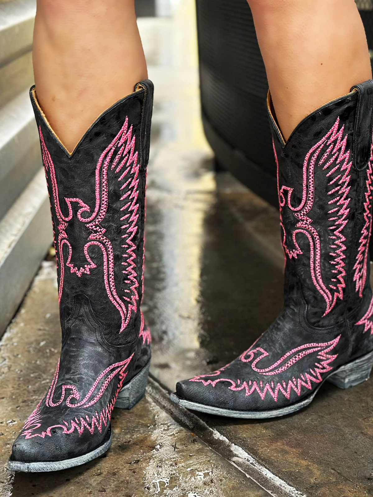 Distressed Black Snip-Toe White Eagle Embroidery Wide Mid Calf Cowgirl Boots