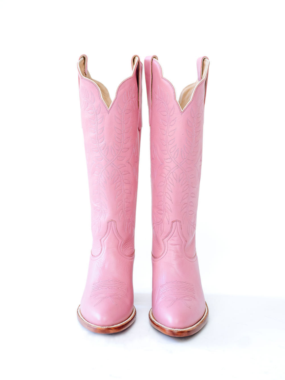 Leaves Embroidery Almond-Toe Wide Mid Calf Cowgirl Boots - Pink