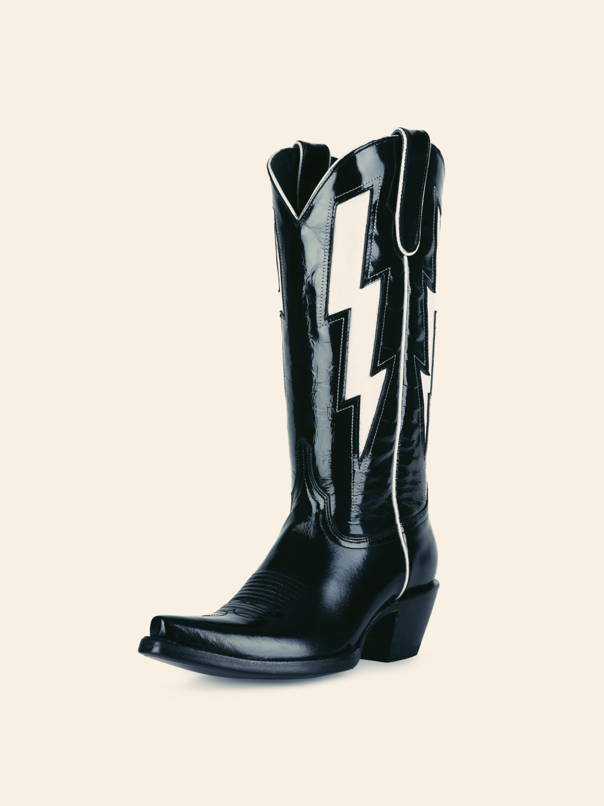 Patent Black Stitch Snip-Toe Wide Calf Tall Cowgirl Boots With White Lightning Inlay