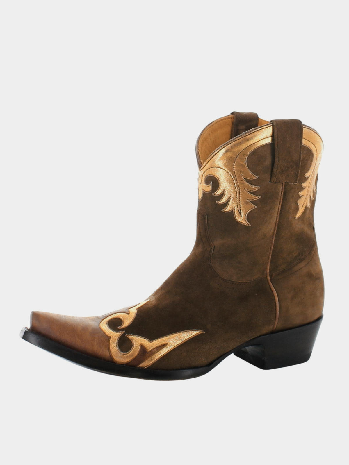 Brown Faux Suede Snip-Toe Metallic Gold Applique Wide Mid Calf Cowgirl Boots