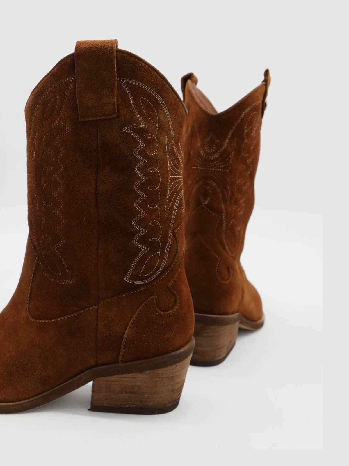 Caramel Faux Suede Snip-Toe Wings Embroidery Wide Mid Calf Cowgirl Boots