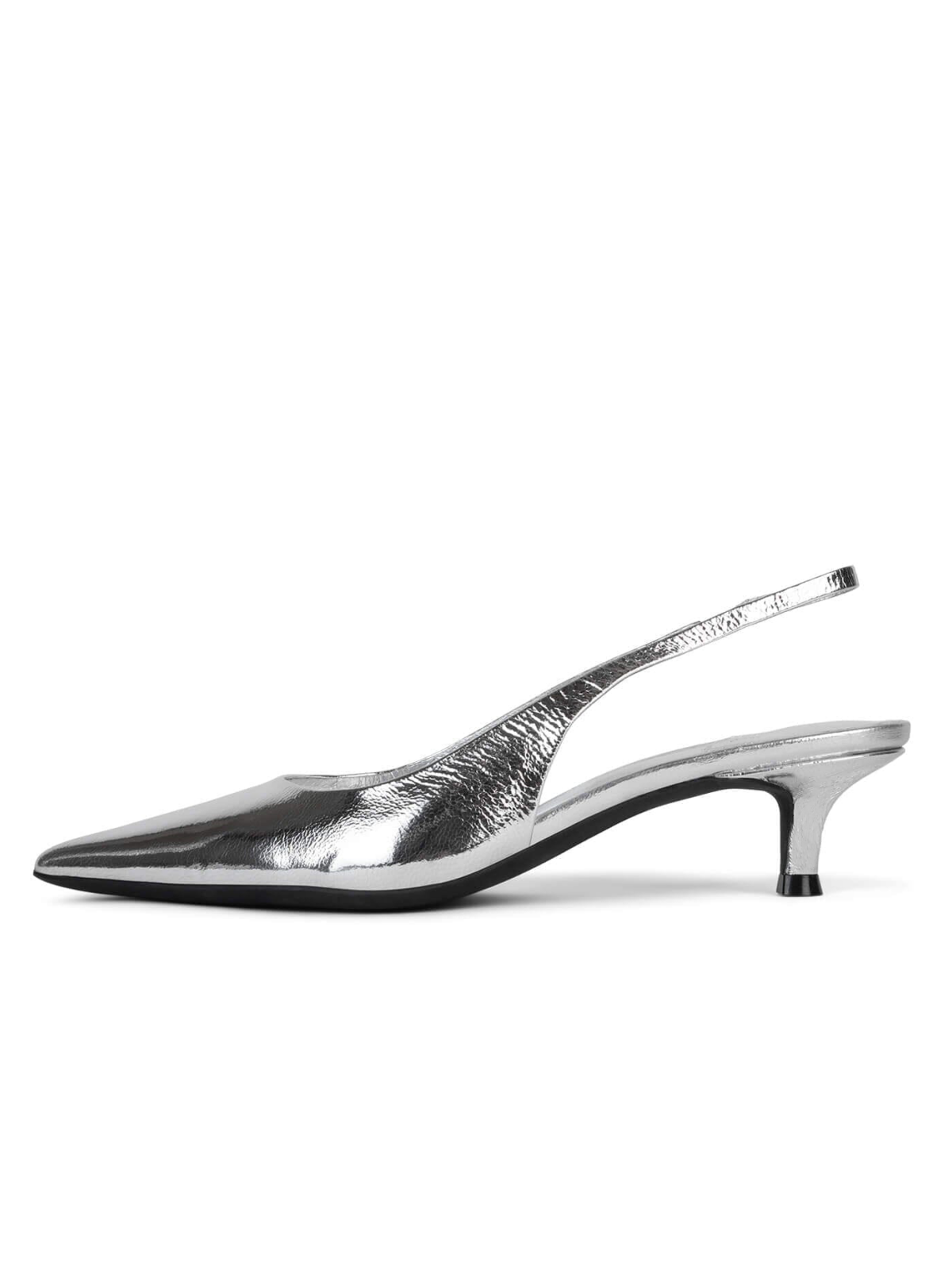 Women Metallic Silver Crinkle Pointy Kitten Heels Slingback Pumps