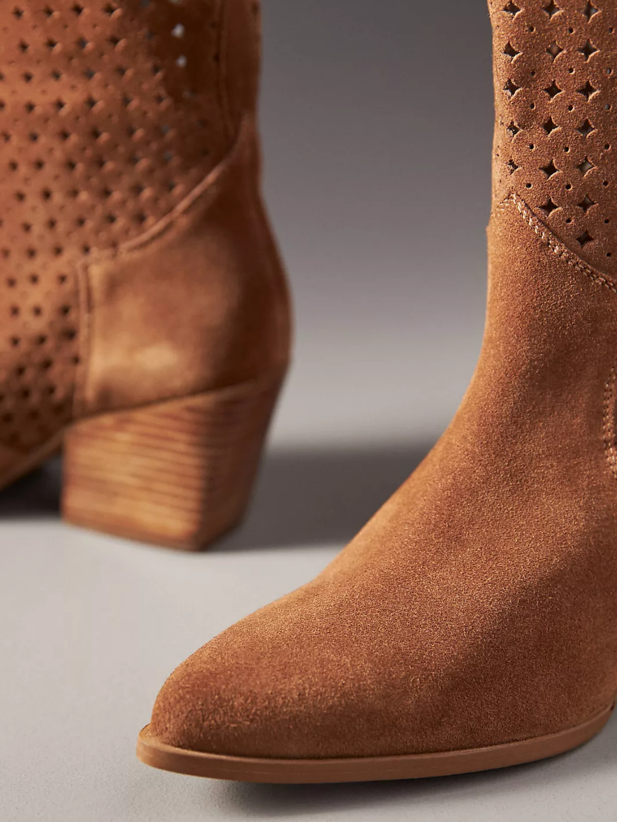 Brown Faux Suede Almond-Toe Hollow-Out Wide Mid Calf Cowgirl Boots