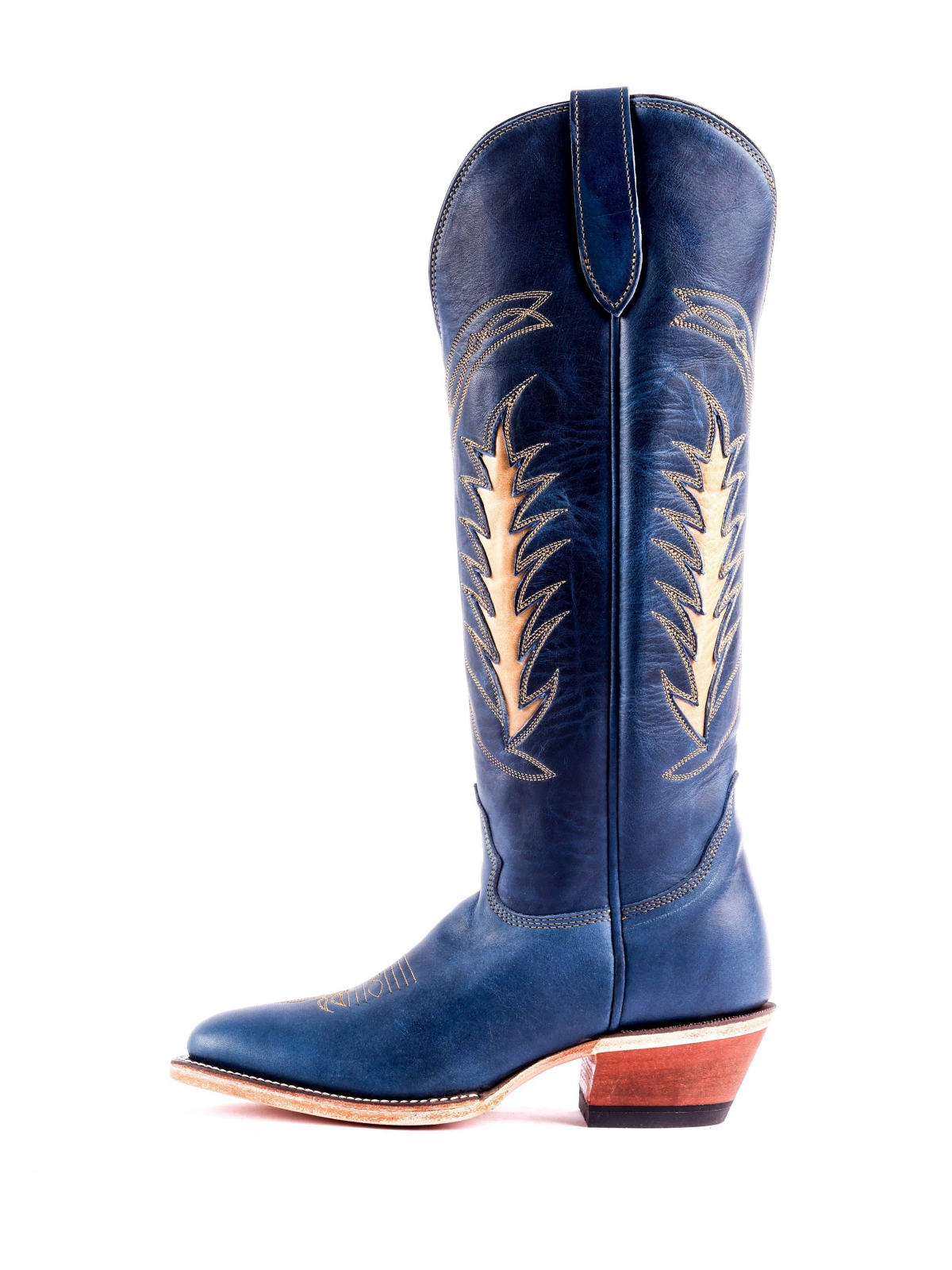 Dark Blue Almond-Toe Inlay Embroidery Wide Mid Calf Tall Cowgirl Boots