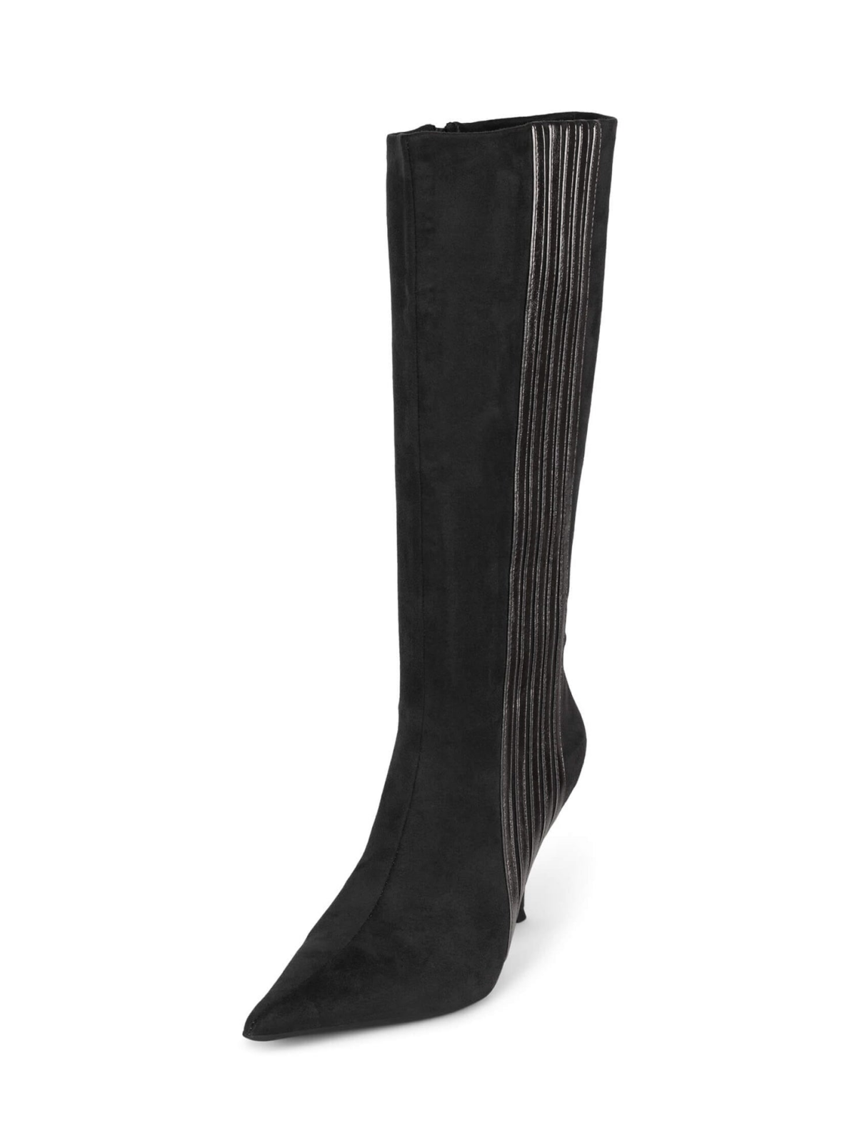 Dark Gray Pointed-Toe Mid Calf Full-Zip Stiletto Boots With Metallic Contrasting Stripe