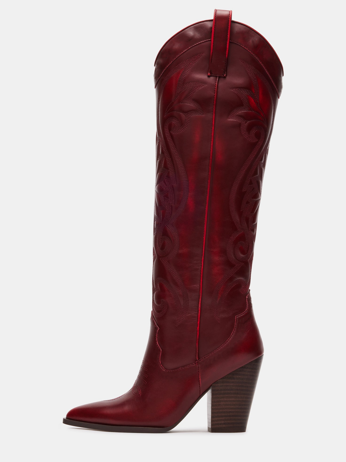 Wine Red Embroidery Pointed-Toe Tall Wide Calf Knee High Cowgirl Boots