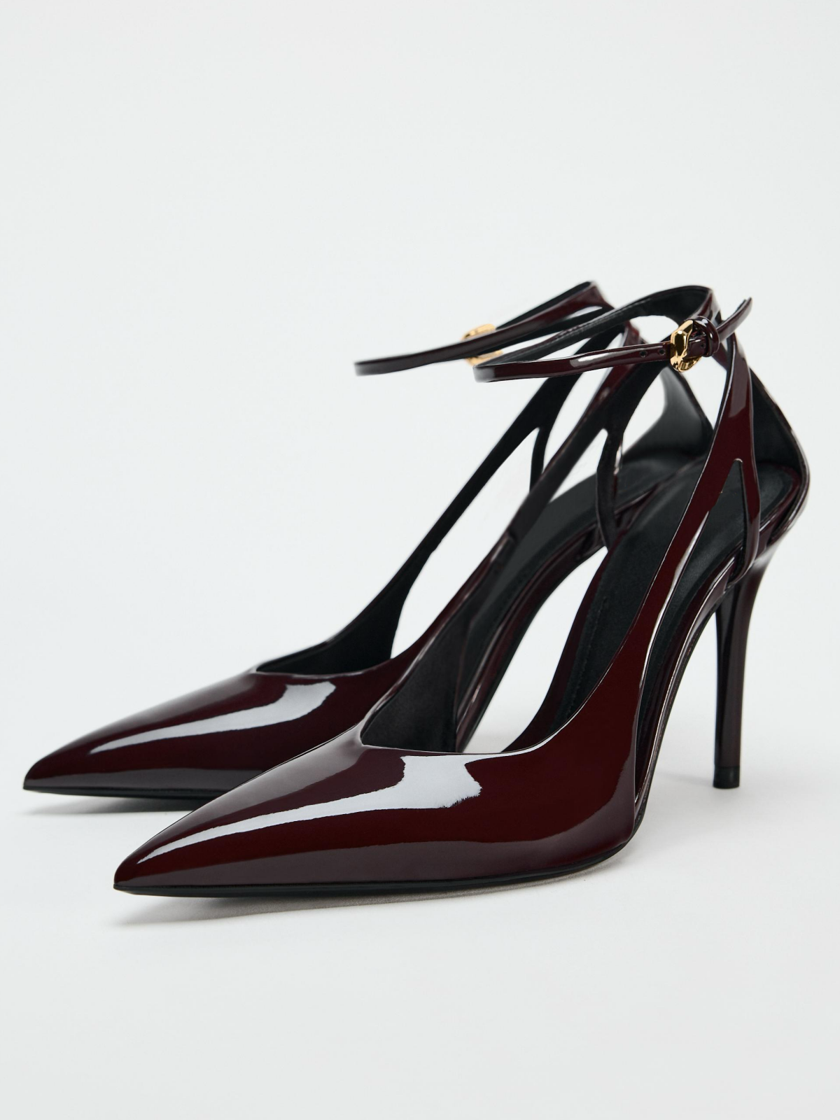 Patent Burgundy Pointed-Toe Buckled Ankle Strap Closure Slingback High Heels