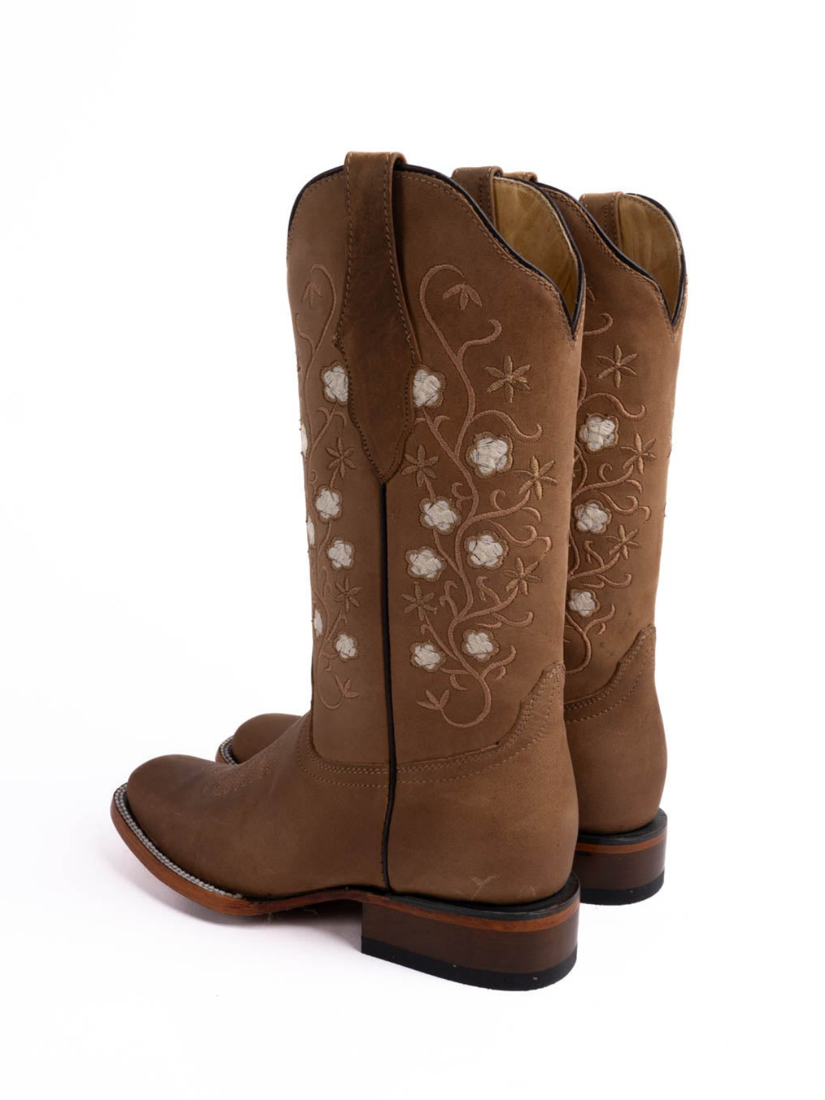 Brown Square-Toe Floral Embroidery Classic Wide Mid Calf Cowgirl Boots