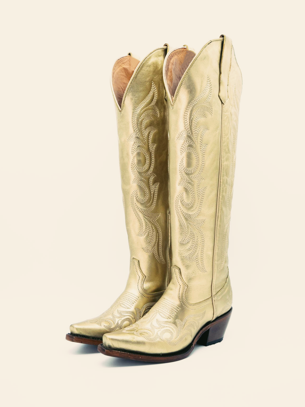 Metallic Gold Embroidery Snip-Toe Wide Calf Western Boots Knee High Tall Boots