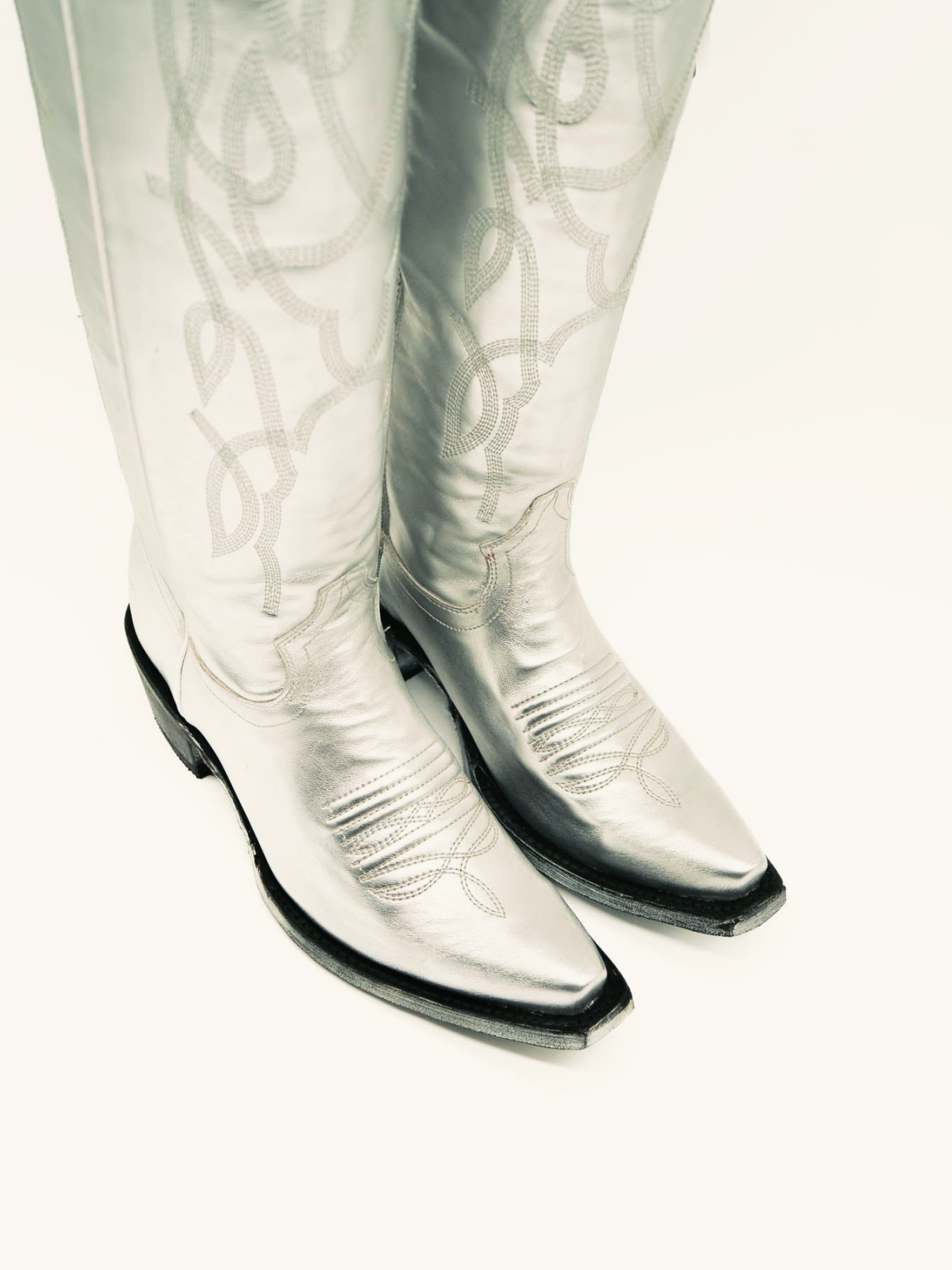 Metallic Silver Embroidery Snip-Toe Wide Calf Western Boots Knee High Tall Boots