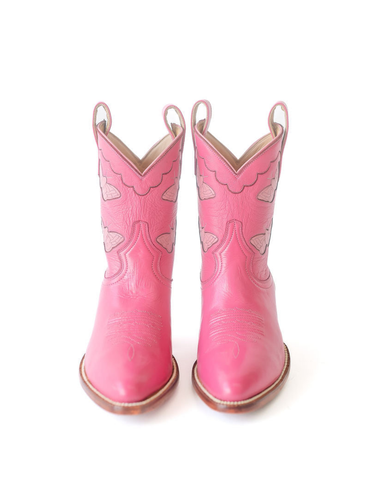 Pink Almond-Toe Butterfly Inlay Wide Mid Calf Cowgirl Boots