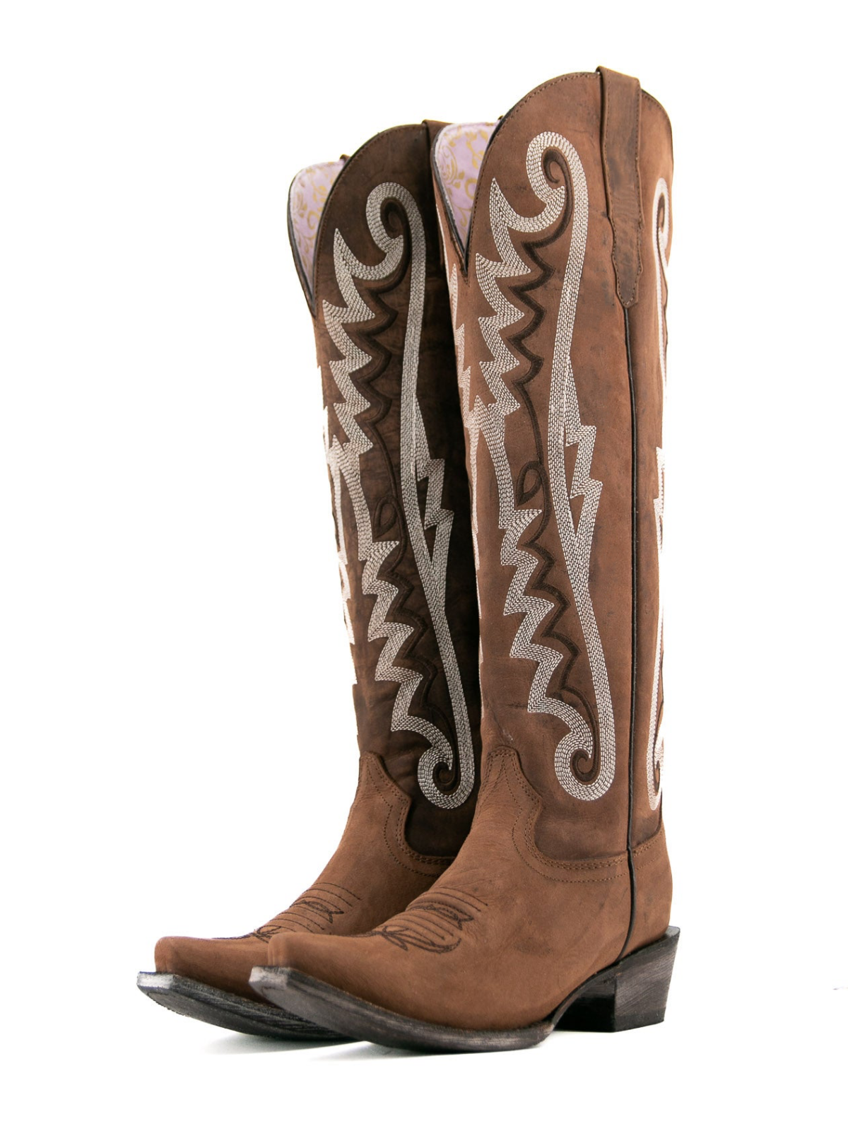 Brown Snip-Toe Half-Zip Embroidery Tall Knee High Cowgirl Boots