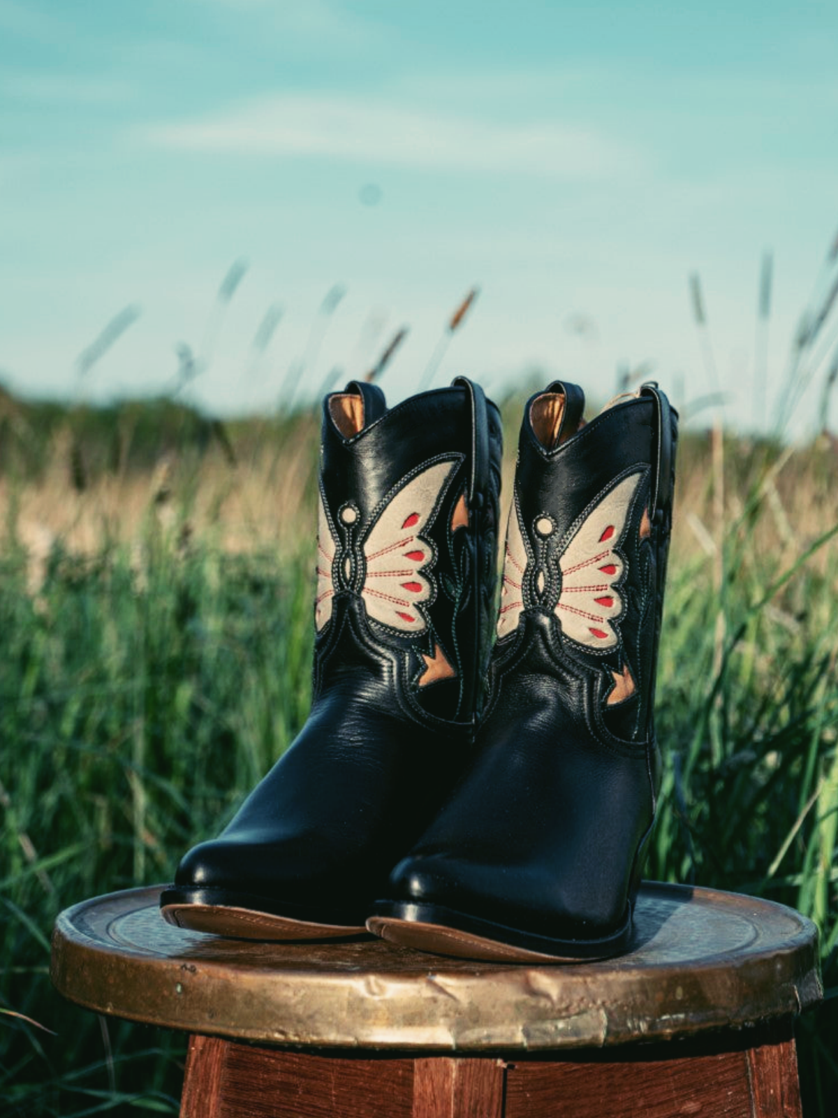 Black Pointed-Toe Cowgirl Ankle Booties With Ivory Butterfly Inlay