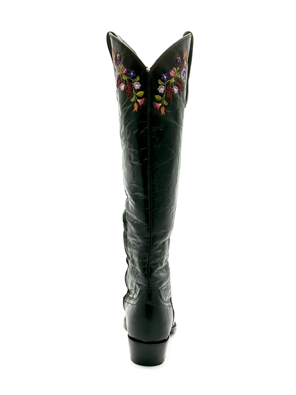 Distressed Black Snip-Toe Colorful Floral Embroidery Half-Zip Tall Knee High Cowgirl Boots