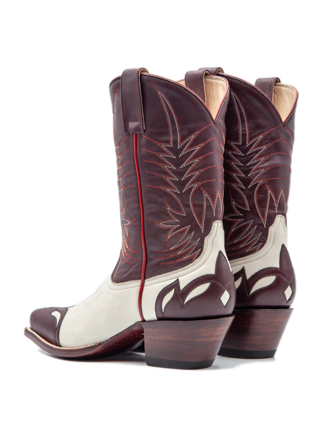 Contrast White And Brown Snip-Toe Embroidery Wide Mid Calf Cowgirl Boots