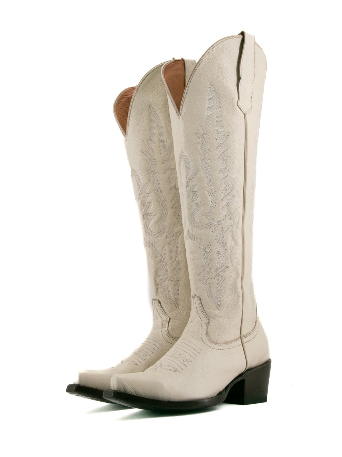 Classic Embroidery Snip-Toe Half-Zip Tall Knee High Cowgirl Boots - Ivory