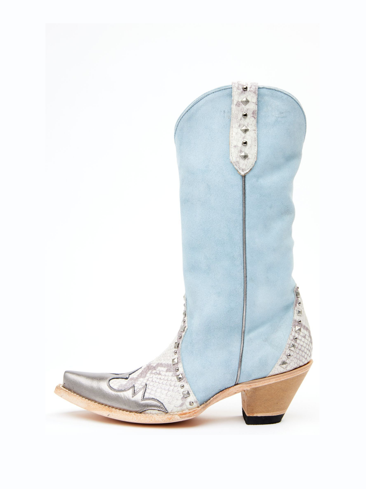 Contrast Snakeskin And Blue Faux Suede Studded Applique Snip-Toe Wide Mid Calf Cowgirl Boots