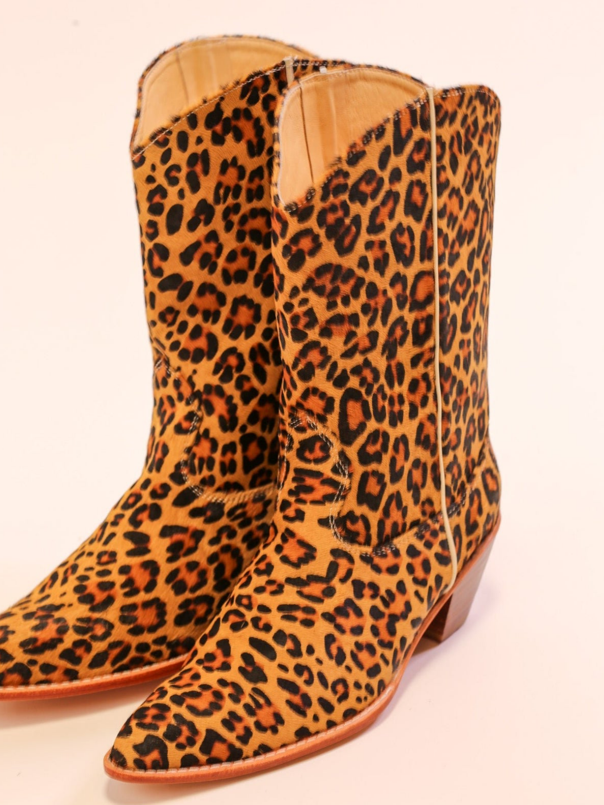 Faux Leopard Print Pony Hair Almond-Toe Back-Zip Mid Calf Cowgirl Boots