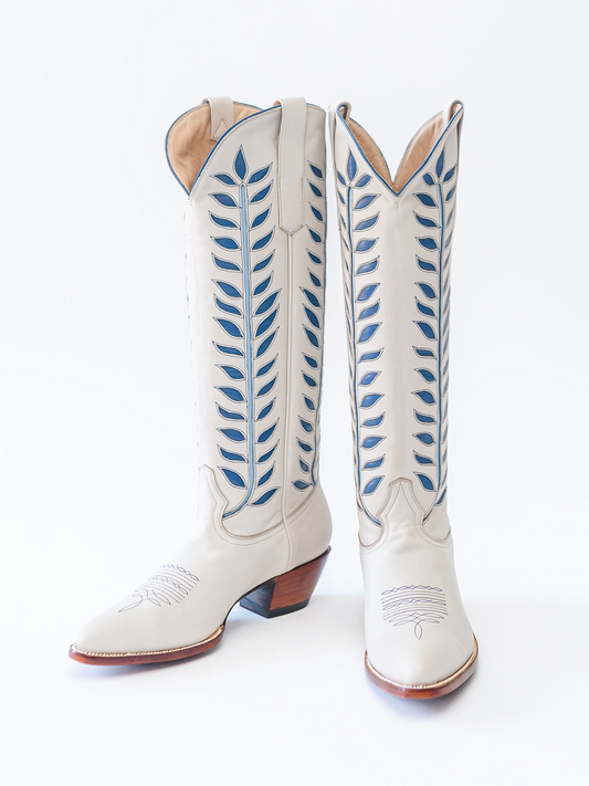 Almond-Toe Blue Leaves Inlay Wide Calf Tall Knee High Cowgirl Boots - Ivory