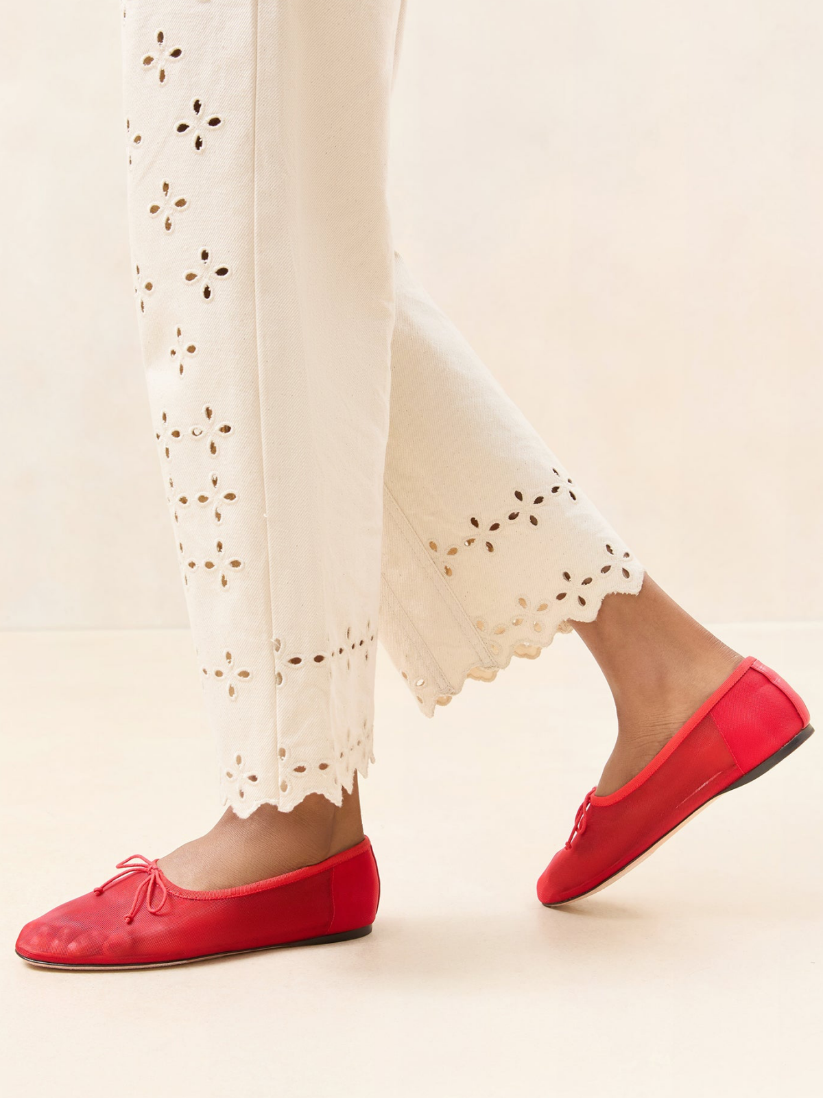 Red Mesh Almond-Toe Ballet Bow Flats