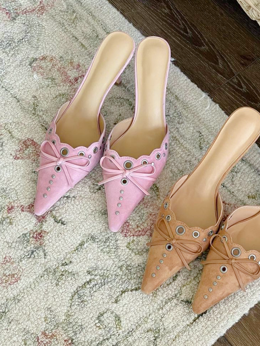 Pink Suede Bow Stud Heels Women Comfortable Backless Slip-On Mules