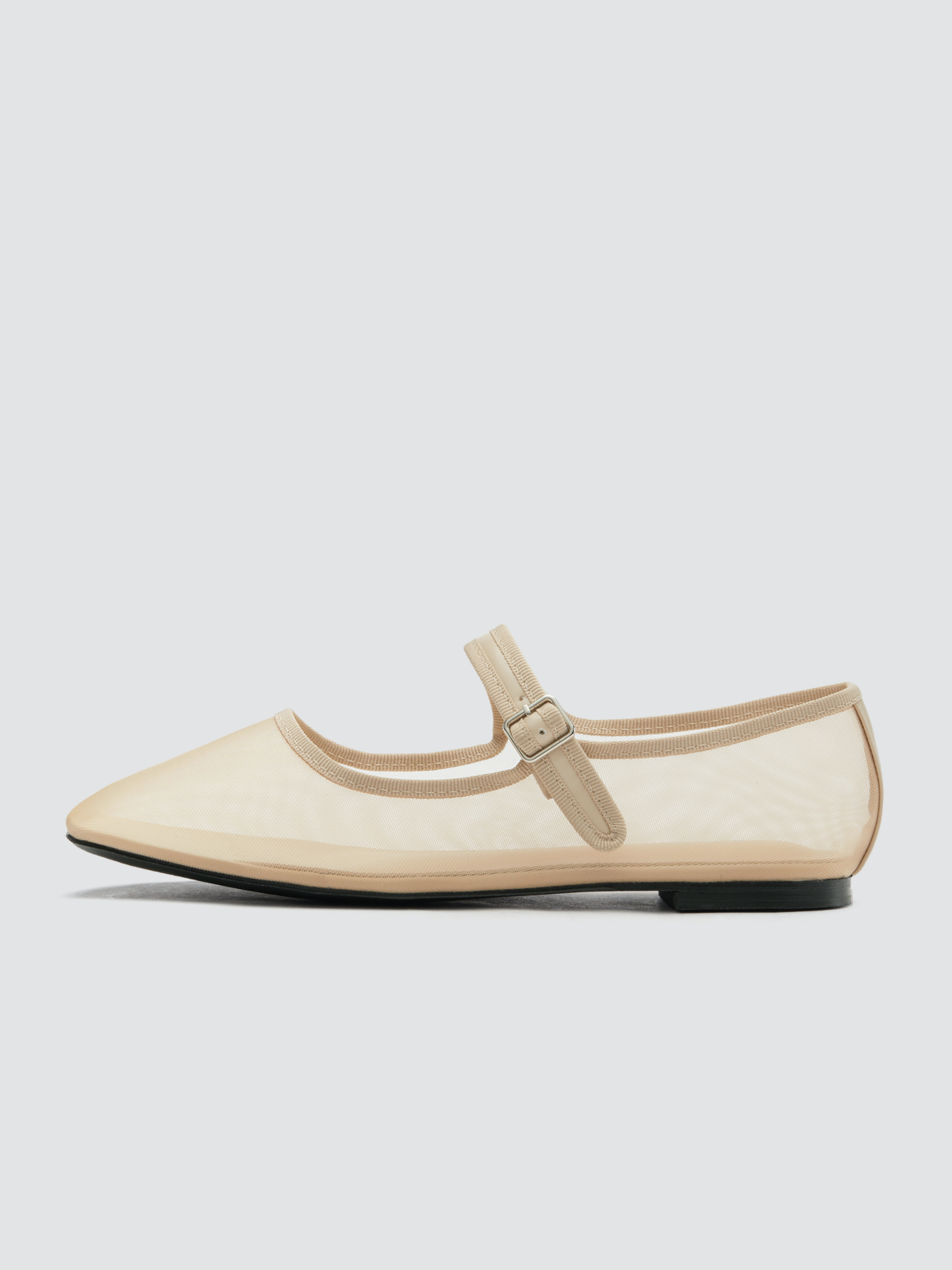 Beige Mesh Square-Toe Ballet Flats Mary Janes With Buckled Strap