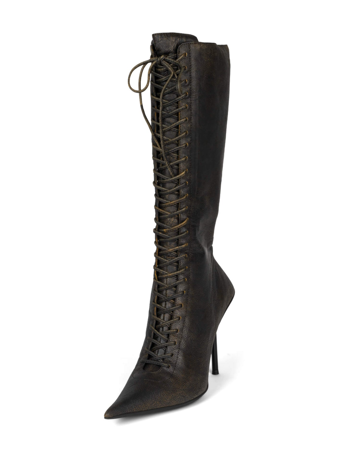 Distressed Brown Lace-Up Pointed-Toe Full-Zip Tall Mid Calf Stiletto Boots