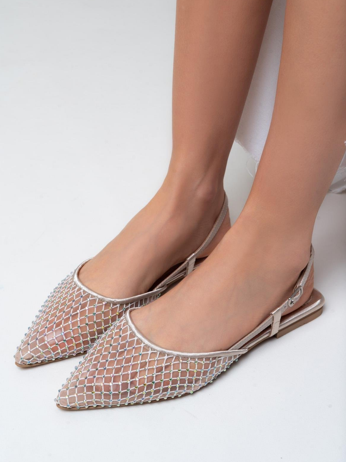 Rose Gold Iridescent Rhinestone Pointy Slingback Ballerina Flats In Satin & Fishnet