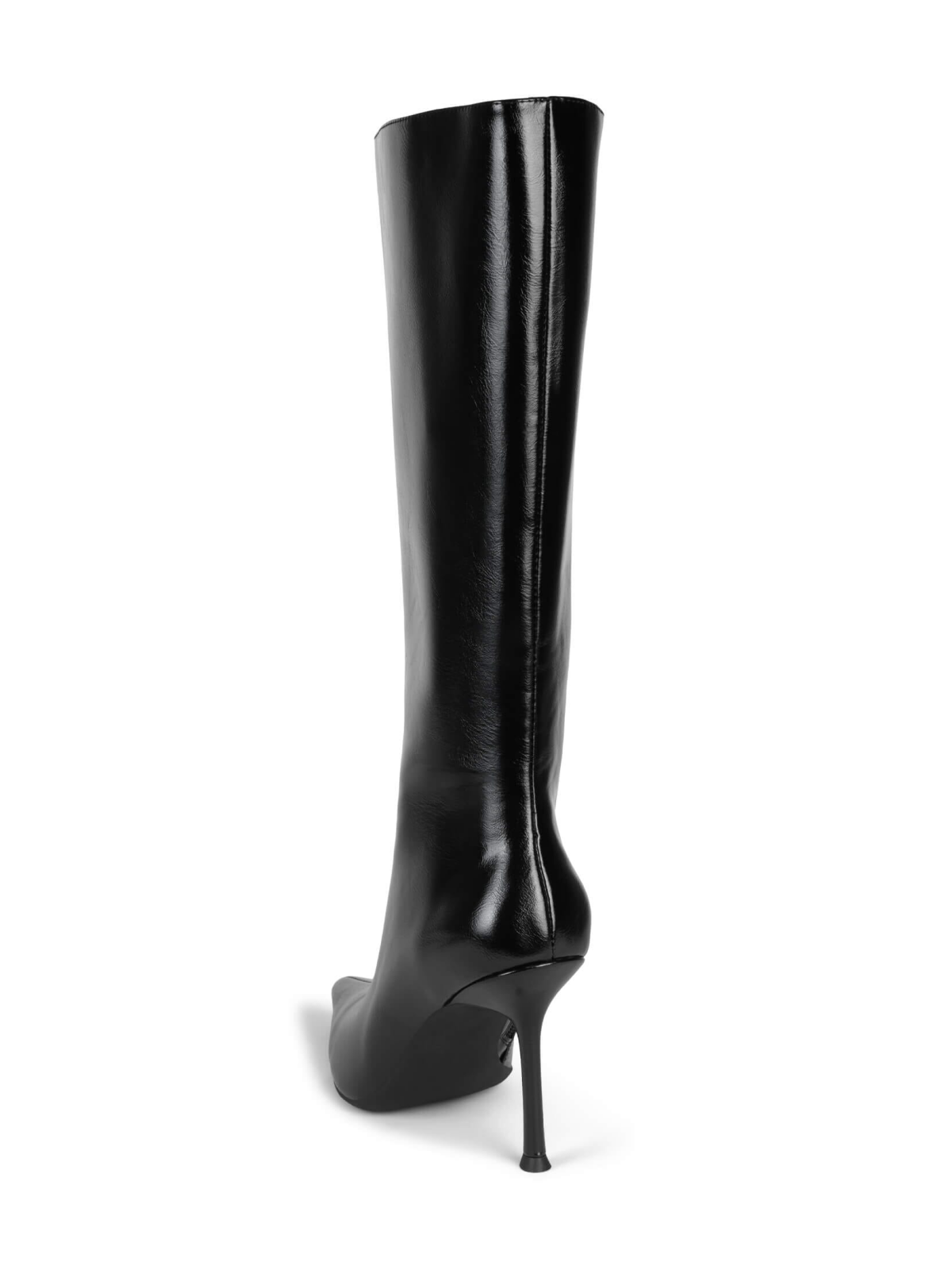 Black Pointed-Toe Mid Calf Full-Zip Stiletto Boots With Wide Shaft