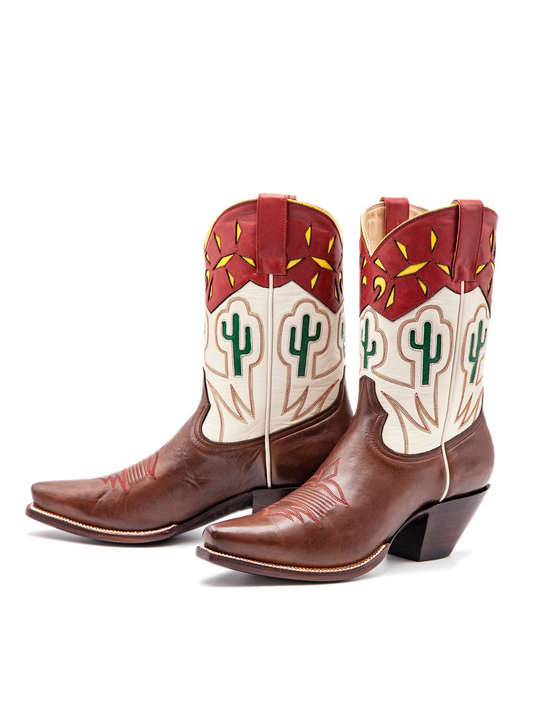 Contrast Tri-Color Cactus Inlay Snip-Toe Wide Mid Calf Cowgirl Boots