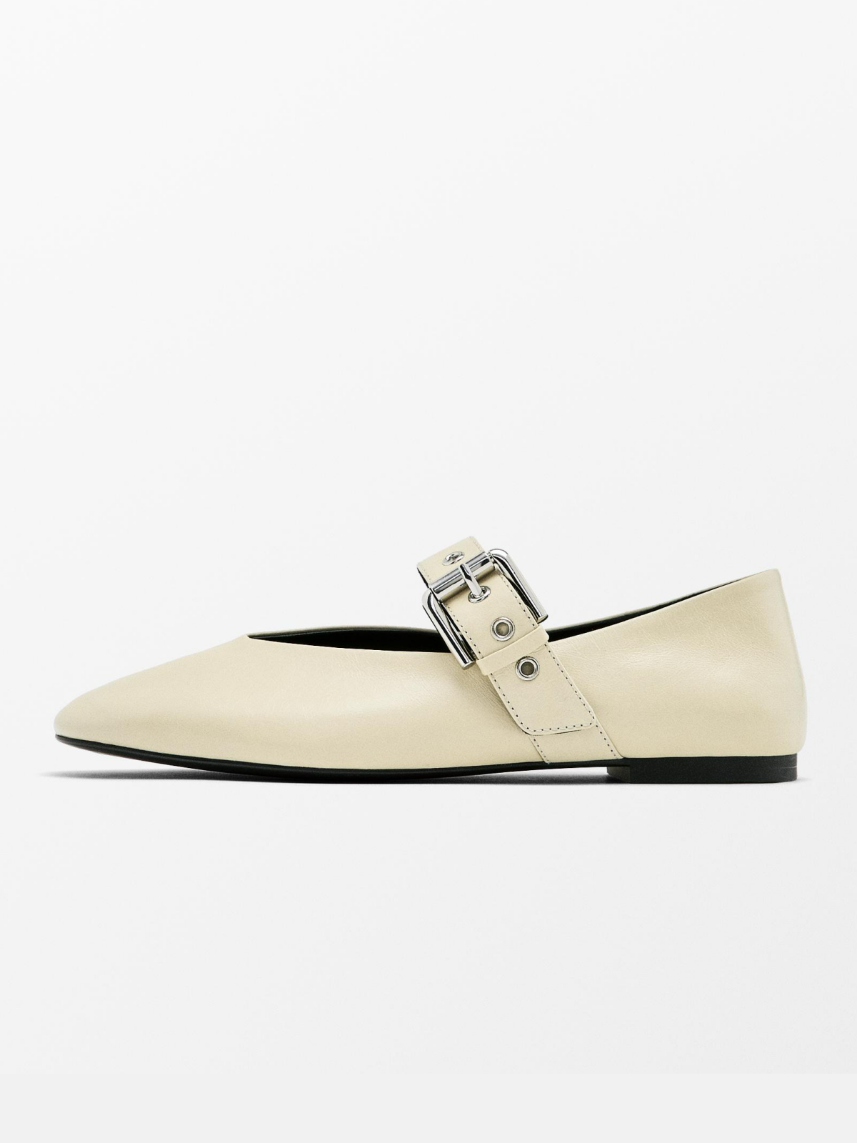 Cream Square-Toe Bridge Strap Side Buckle Mary Janes Ballet Flats