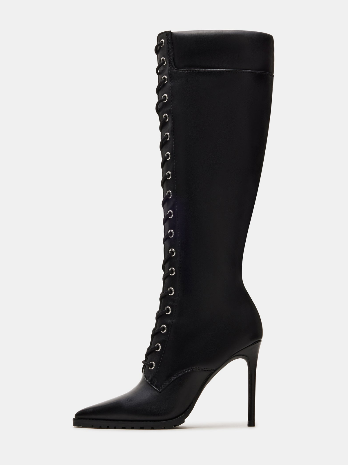 Black Pointed-Toe Lace-Up Full-Zip Mid Calf Stiletto Boots