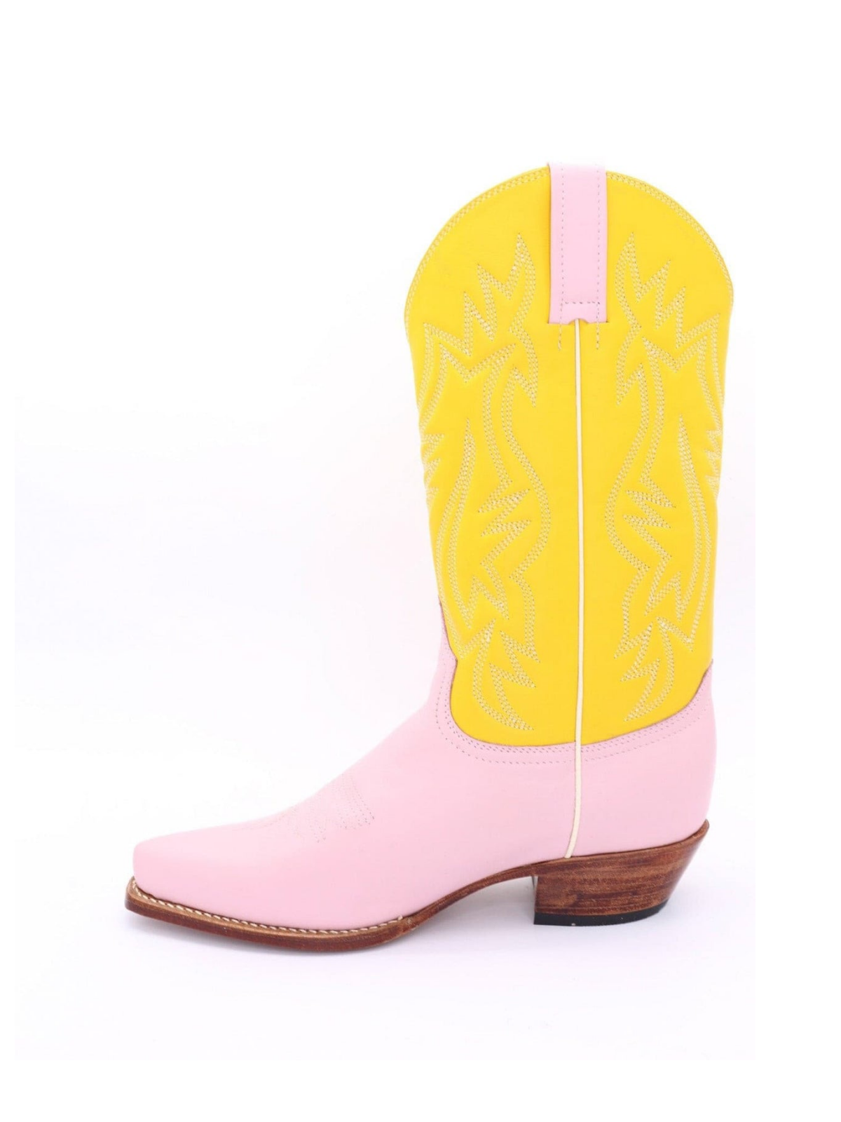 Contrast Yellow And Pink Snip-Toe Embroidery Wide Mid Calf Cowgirl Boots