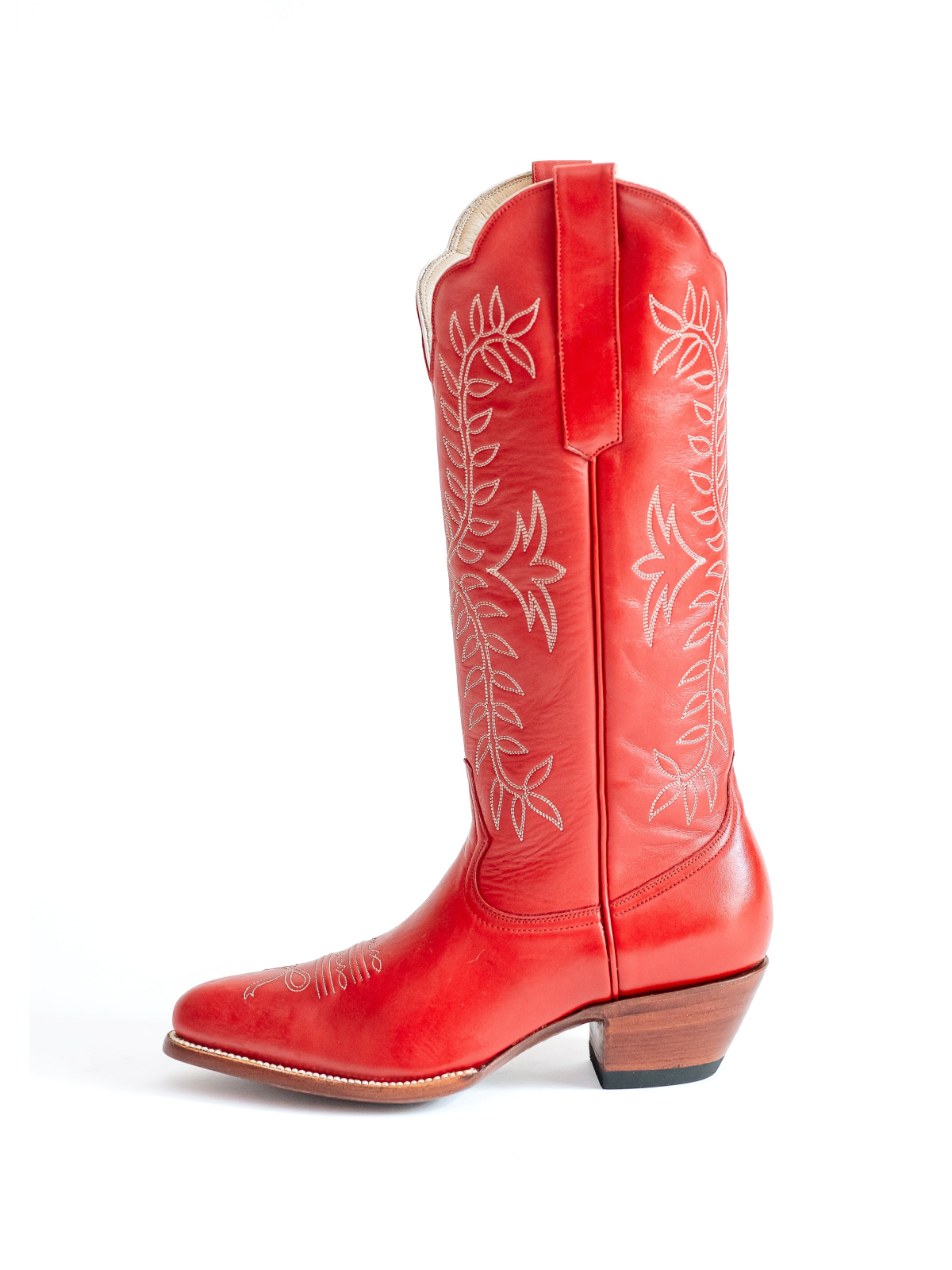 Leaves Embroidery Almond-Toe Wide Mid Calf Cowgirl Boots - Red